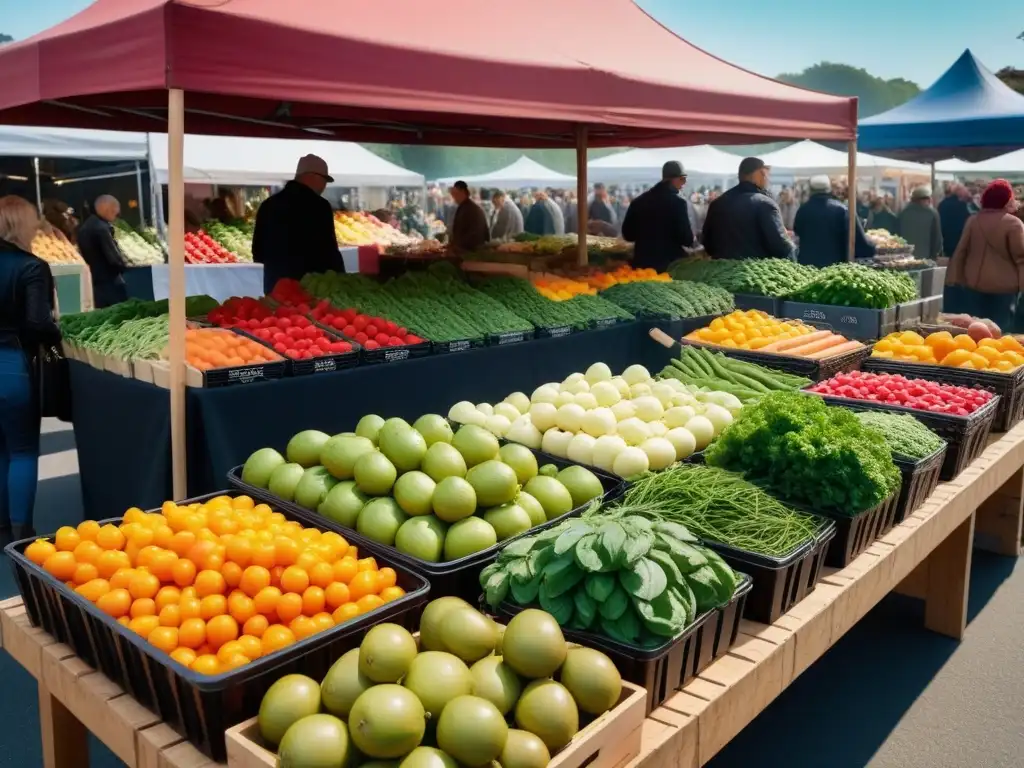 Un mercado vibrante y moderno, rebosante de frutas y verduras coloridas y frescas