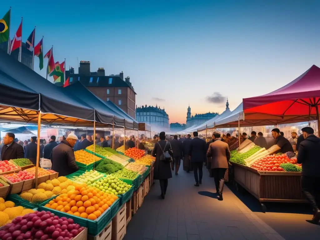 Un mercado vibrante y multicultural con frutas, verduras y especias coloridas de todo el mundo