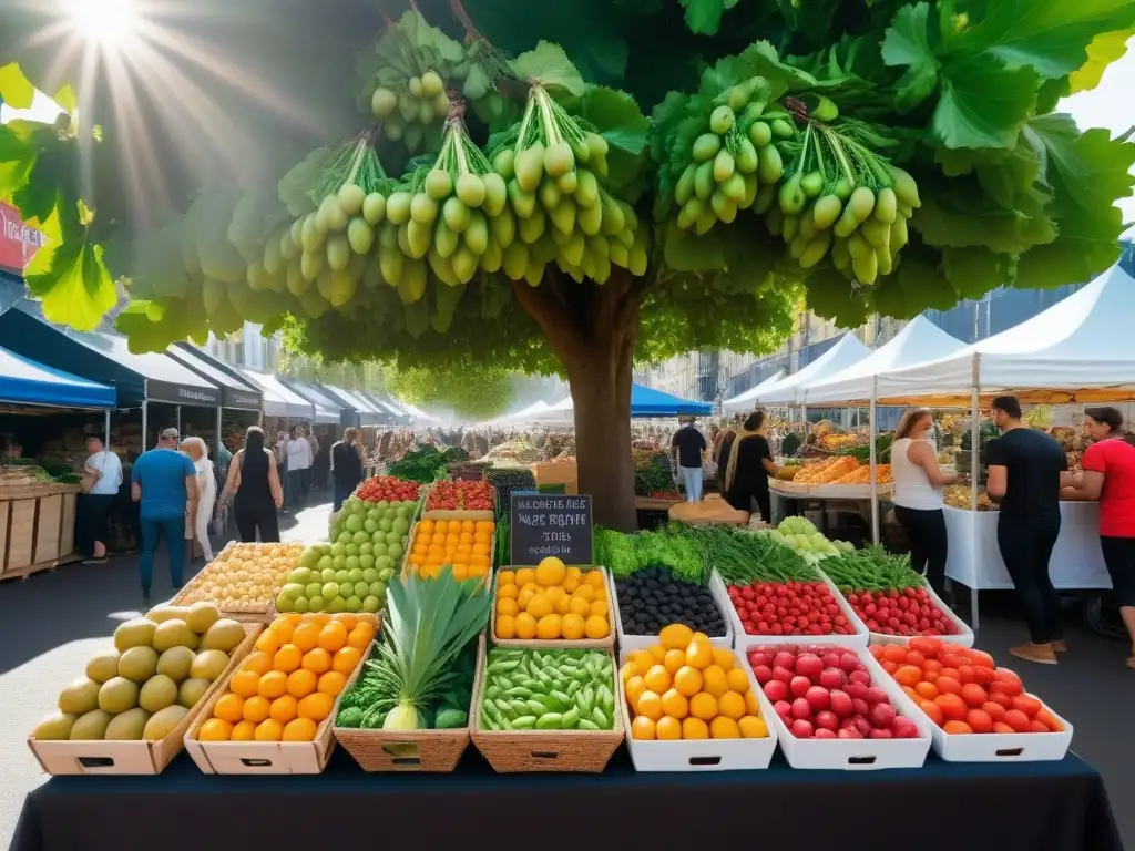 Mercado vegano en Oceanía: Sabores y colores frescos Un mercado vibrante en Australia o Nueva Zelanda con productos veganos