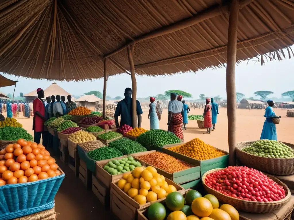 Un mercado vibrante en África Oriental con frutas y verduras exóticas, ideal para recetas veganas de África Oriental