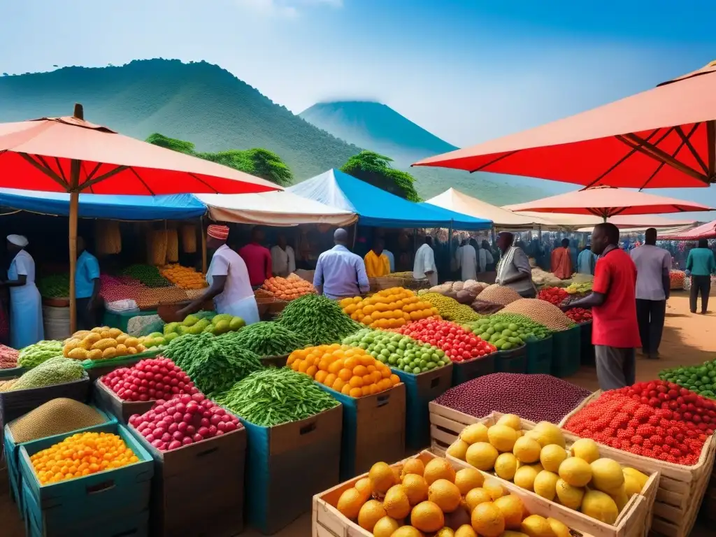 Un mercado vibrante en África Oriental con frutas, verduras y especias coloridas bajo toldos, montañas y cielo azul