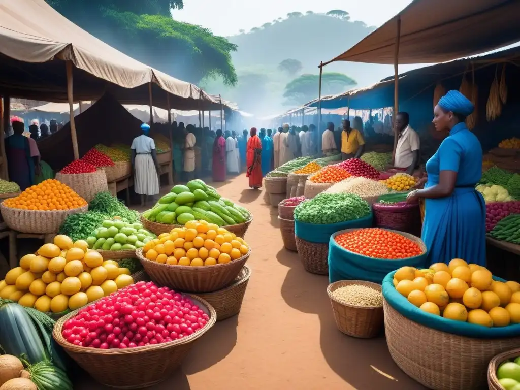 Un mercado vibrante en África Oriental con frutas y verduras frescas, vendedores locales y una atmósfera auténtica