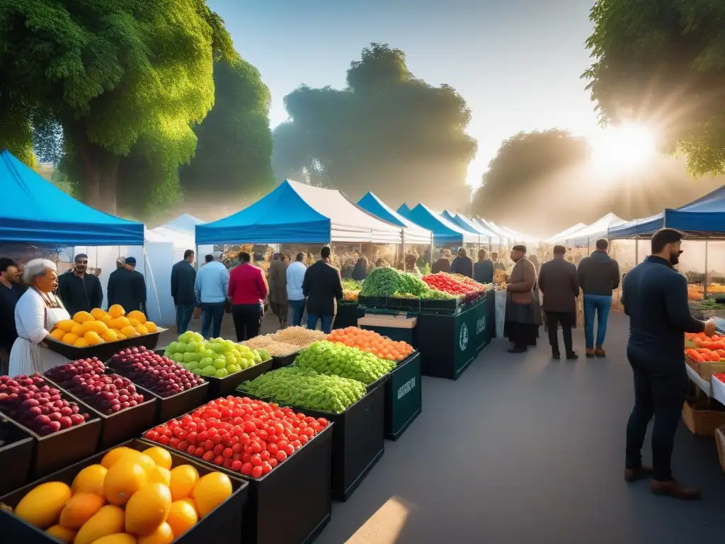 Un mercado vibrante en una pequeña comunidad con frutas, verduras y productos veganos