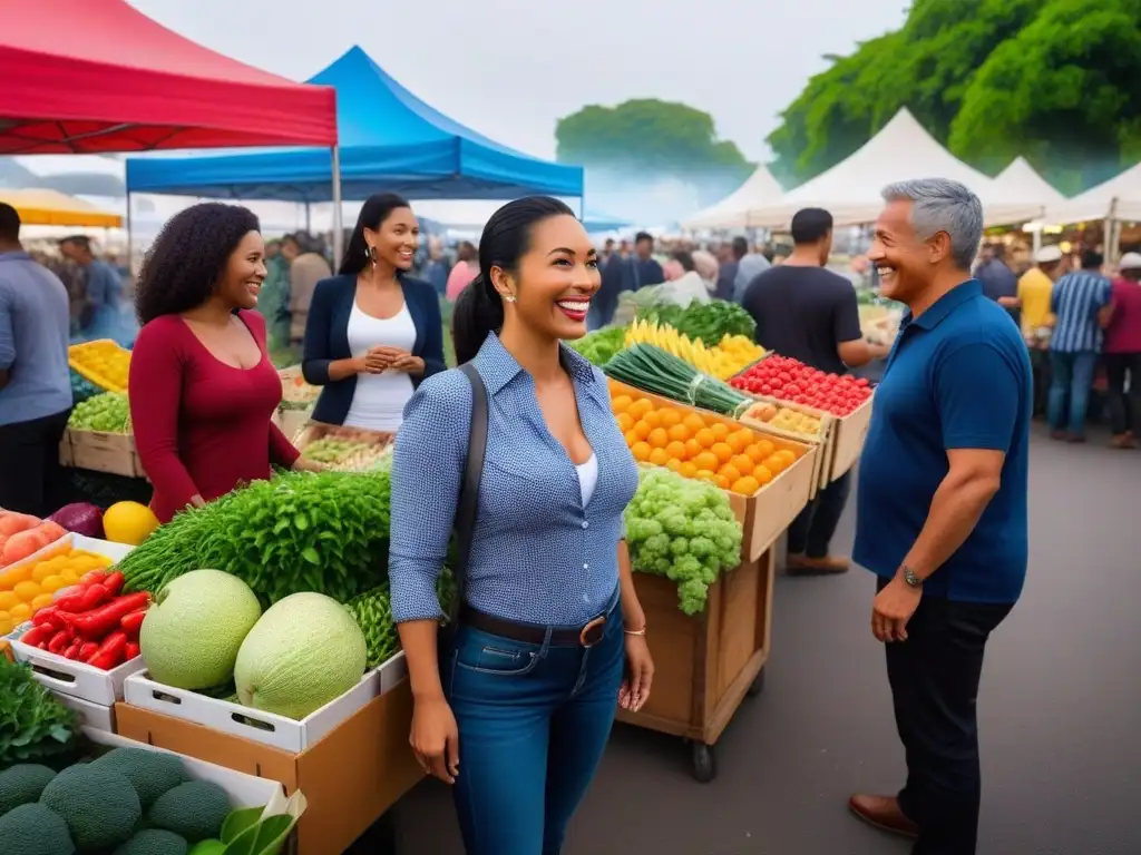 Un mercado vibrante con personas diversas sonrientes disfrutando de frutas y verduras frescas