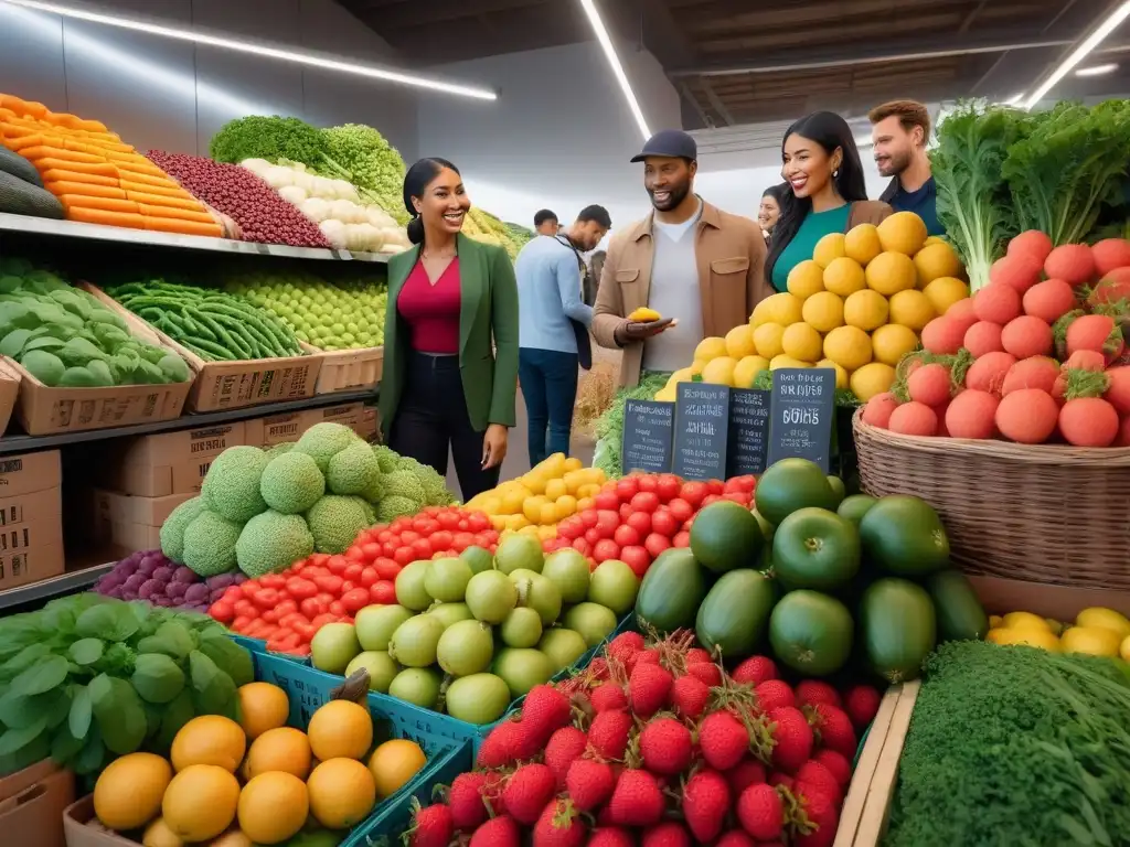 Un mercado vibrante donde personas promueven la certificación nutrición vegana sostenibilidad