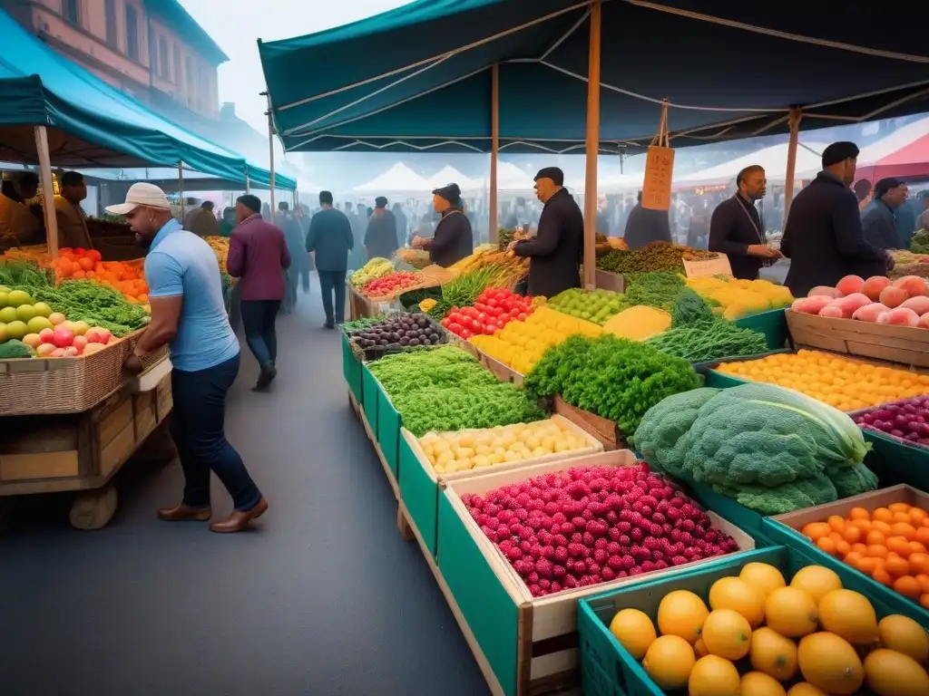 Un mercado agrícola vibrante con productos frescos y clientes felices