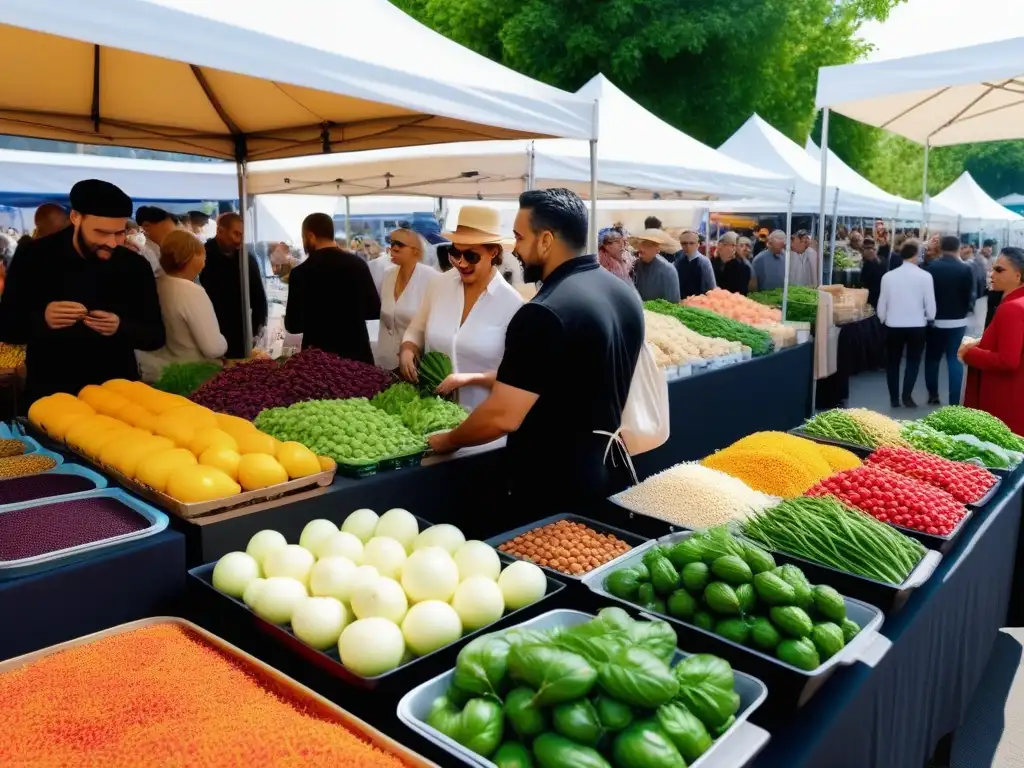 Un mercado agrícola vibrante con productos frescos y veganos, gente diversa disfrutando de la comida y la atmósfera