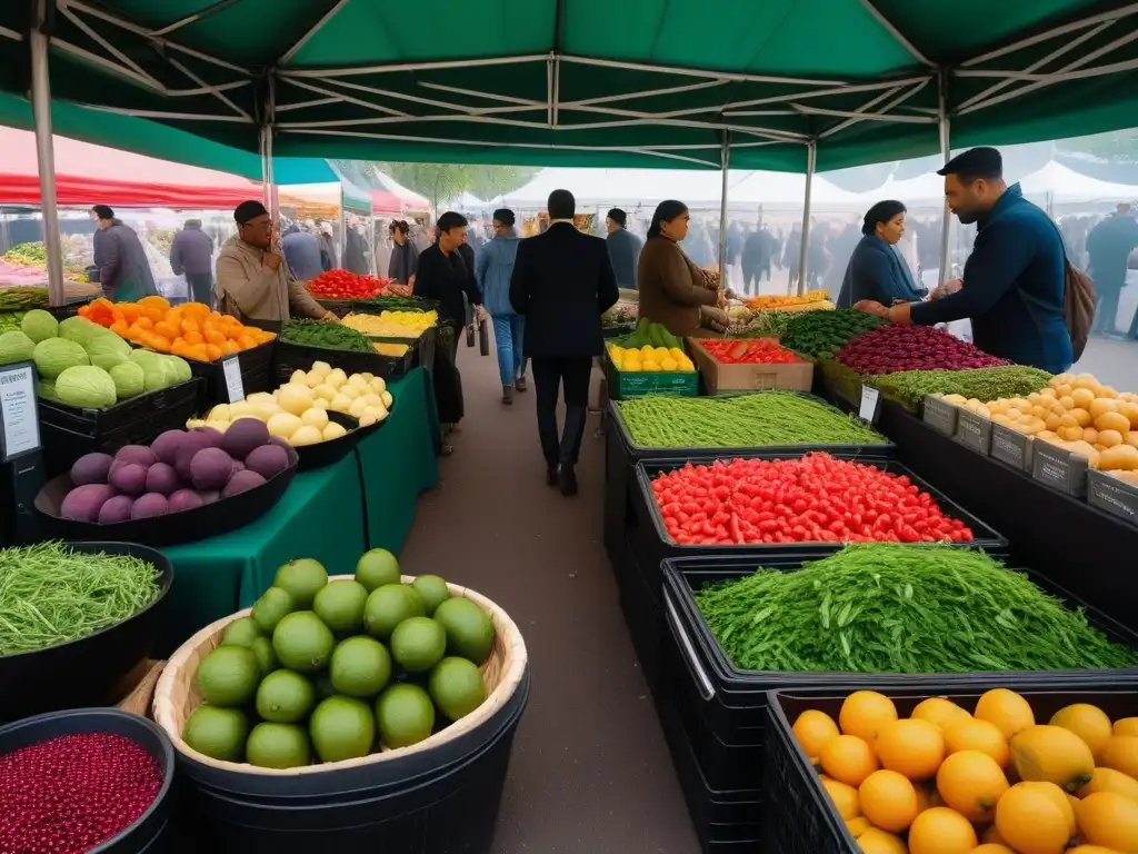 Un mercado vibrante con productos frescos de todo el mundo, transmitiendo abundancia y diversidad