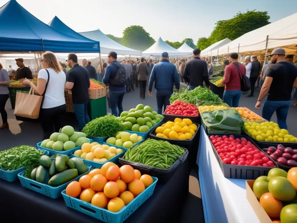 Un mercado vibrante con productos frescos y gente diversa rompiendo prejuicios sobre el veganismo