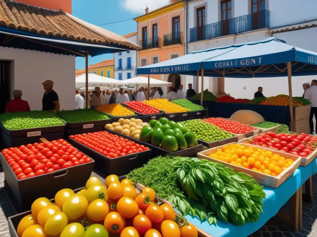 Mercado vibrante en Portugal con productos frescos y coloridos bajo el sol mediterráneo