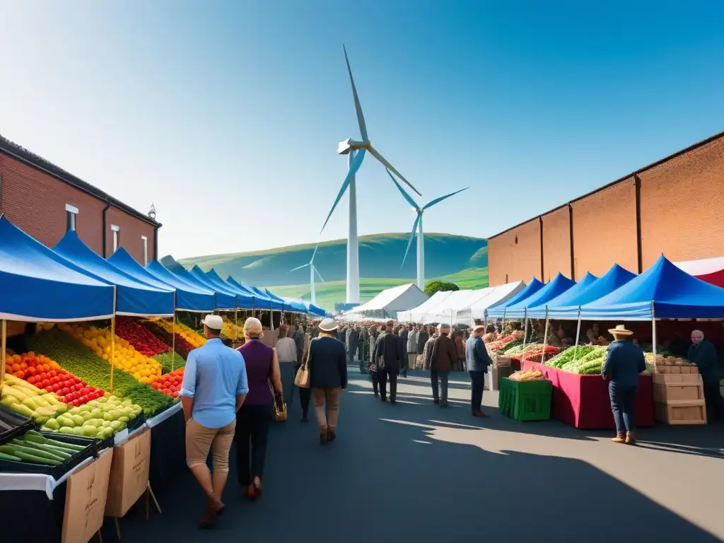 Un mercado agrícola vibrante con productos orgánicos, diversidad cultural y energía renovable