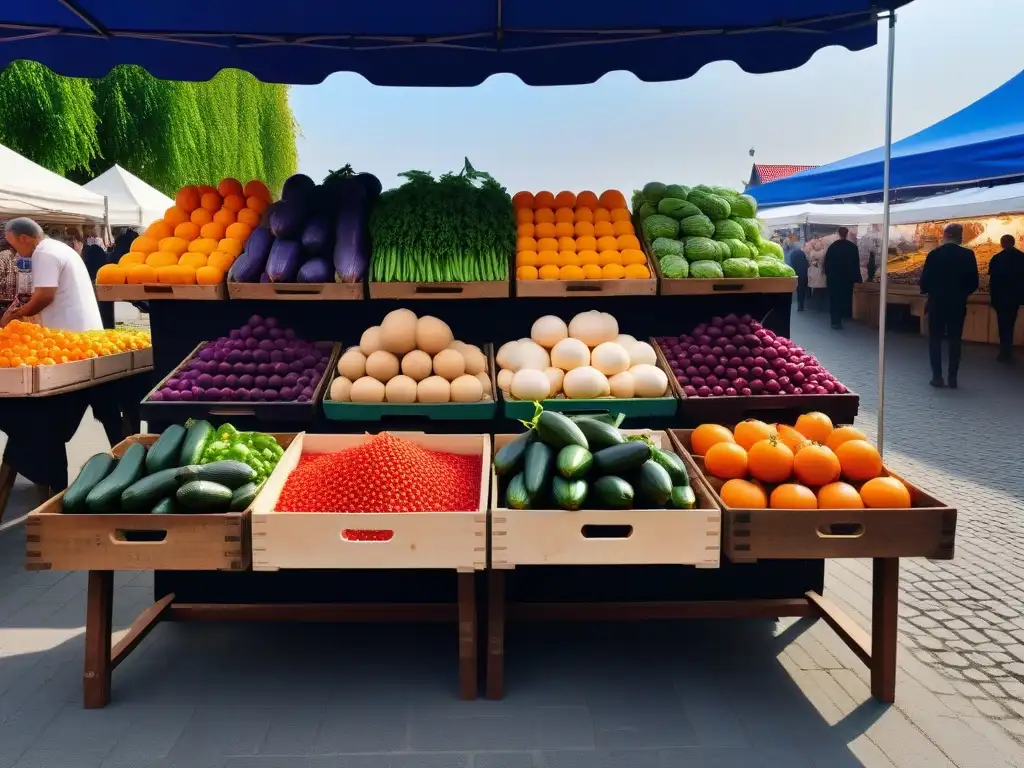 Un mercado vibrante en Praga con productos orgánicos frescos y coloridos en cajas de madera bajo el cielo azul