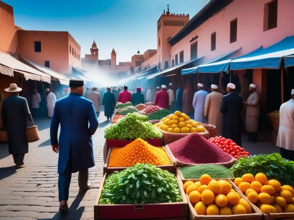 Un mercado vibrante en Marrakech con puestos de frutas, verduras y especias bajo el cielo azul