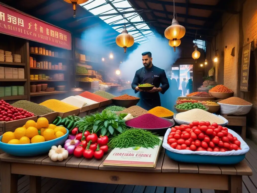 Un mercado vibrante rebosante de colores y sabores, con libros de cocina vegana del mundo en primer plano