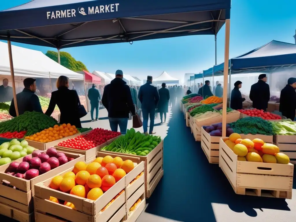 Un mercado agrícola vibrante rebosante de productos frescos y coloridos bajo un cielo azul