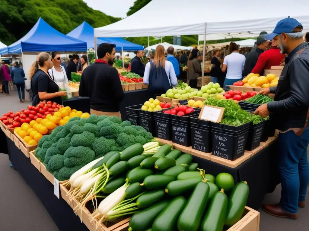 Un mercado vibrante repleto de actividad, con frutas y verduras orgánicas locales