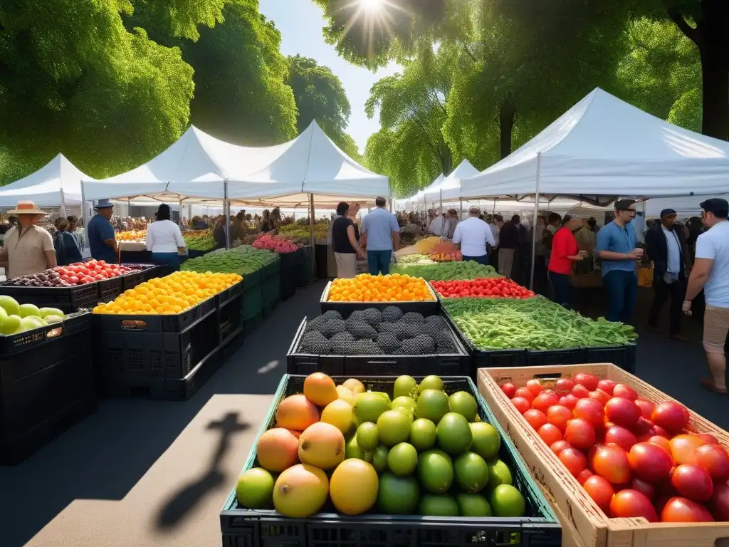 Un mercado vibrante repleto de frutas y verduras orgánicas coloridas, clientes diversos y un letrero 'Fresh, Local, Organic'