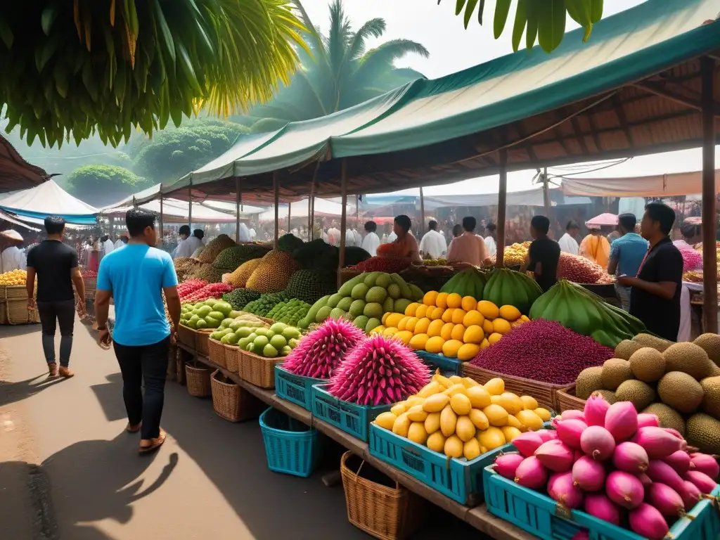 En un mercado vibrante del sudeste asiático, vendedores ofrecen frutas tropicales para recetas veganas