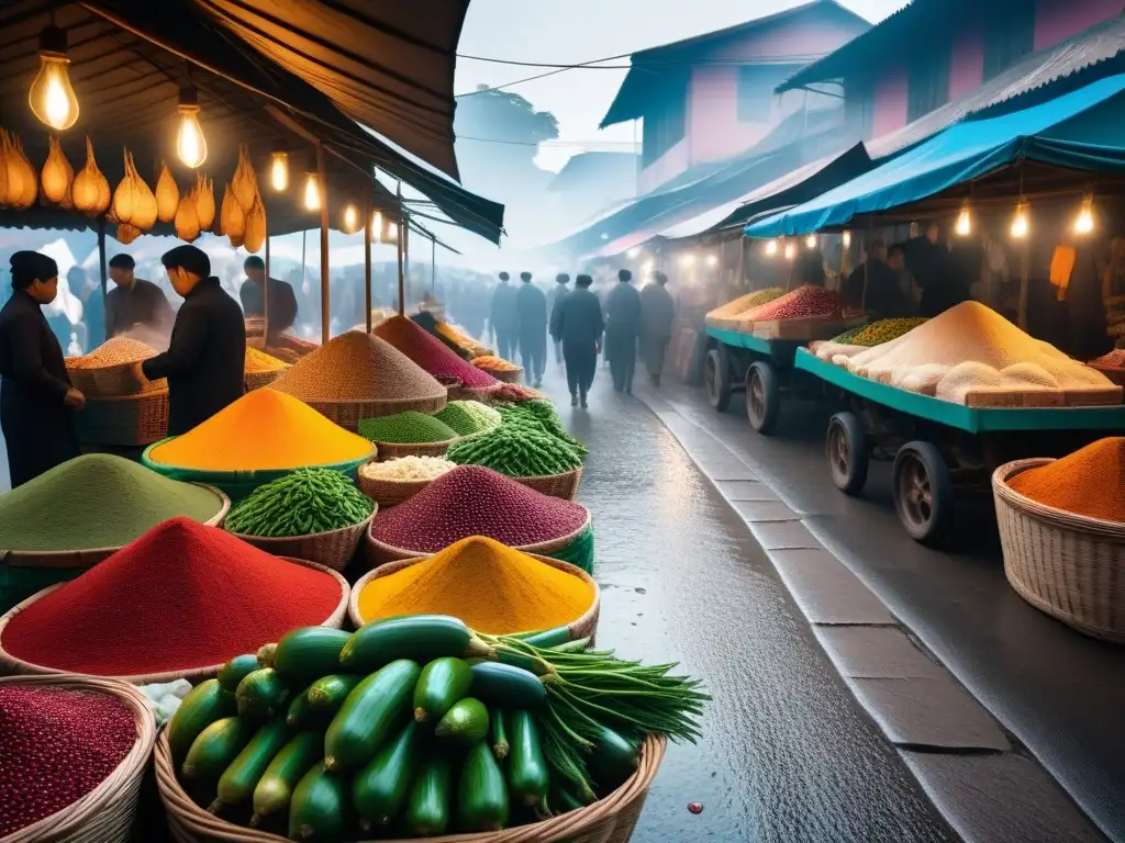 Un mercado vibrante en el sudeste asiático con ingredientes para curries veganos