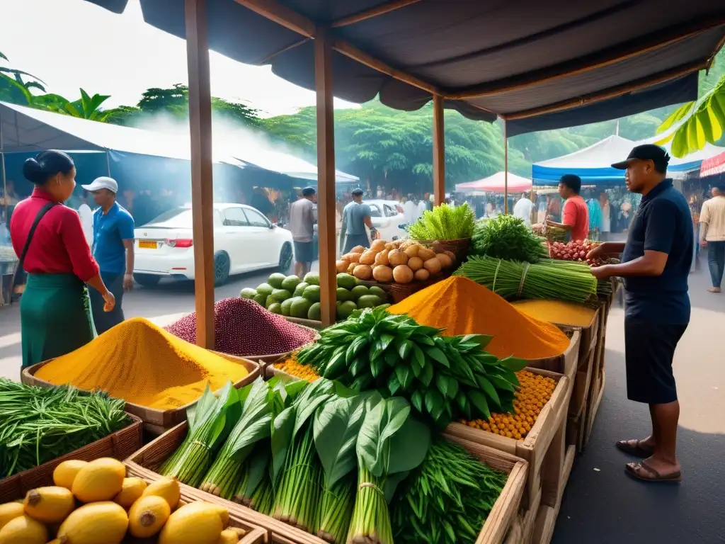 Un mercado vibrante del sudeste asiático con ingredientes veganos esenciales, lleno de colores y energía auténtica