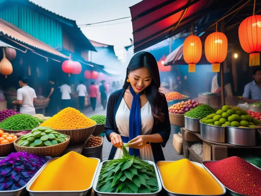 Explora un mercado vibrante del sudeste asiático, lleno de colores y bebidas veganas exóticas