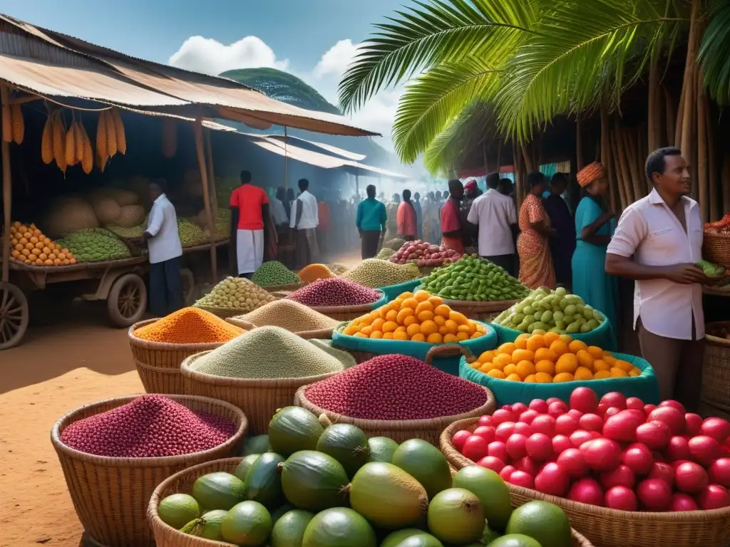 Un mercado vibrante en Madagascar con una variedad de frutas, verduras y especias coloridas