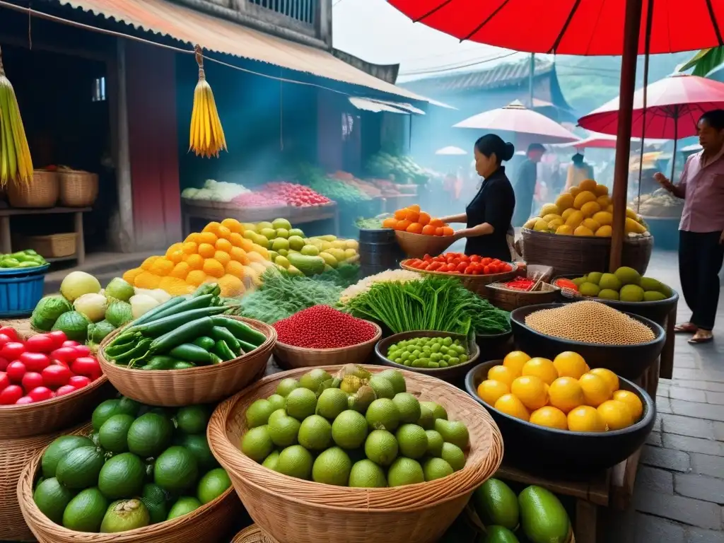 Mercado vietnamita vibrante con frutas, vegetales y especias en cestas tejidas y cuencos cerámicos