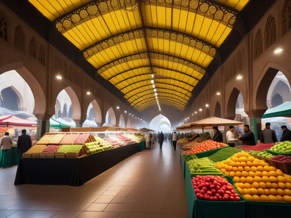 Mercados veganos Medio Oriente: Mercado bullicioso con frutas, verduras y especias coloridas, clientes diversos y arquitectura impresionante