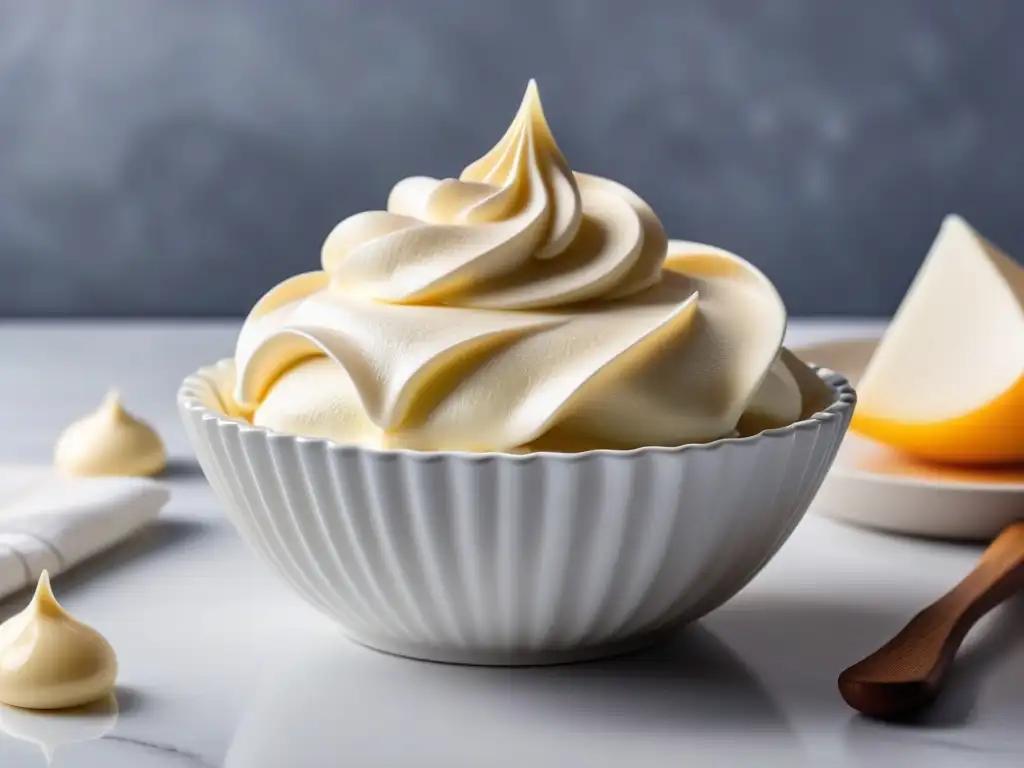 Merengues veganos sin huevo: picos perfectamente batidos con brillo y firmeza en un bol blanco, en una cocina minimalista