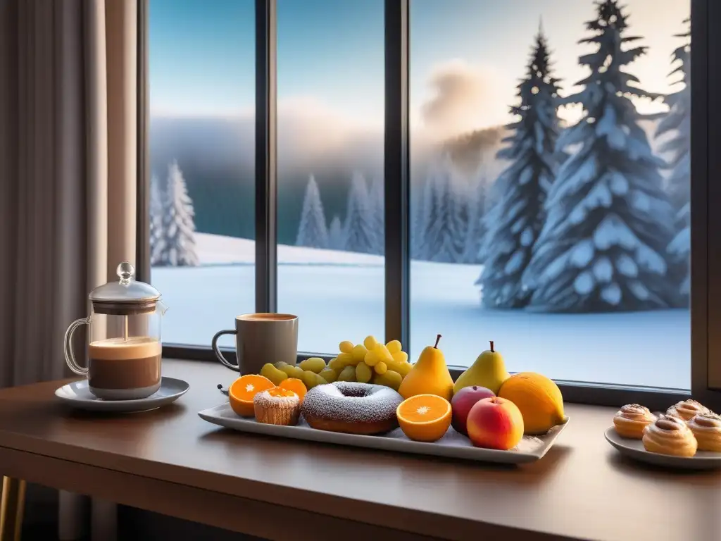 Meriendas veganas por estación en un acogedor salón moderno con paisaje invernal nevado fuera