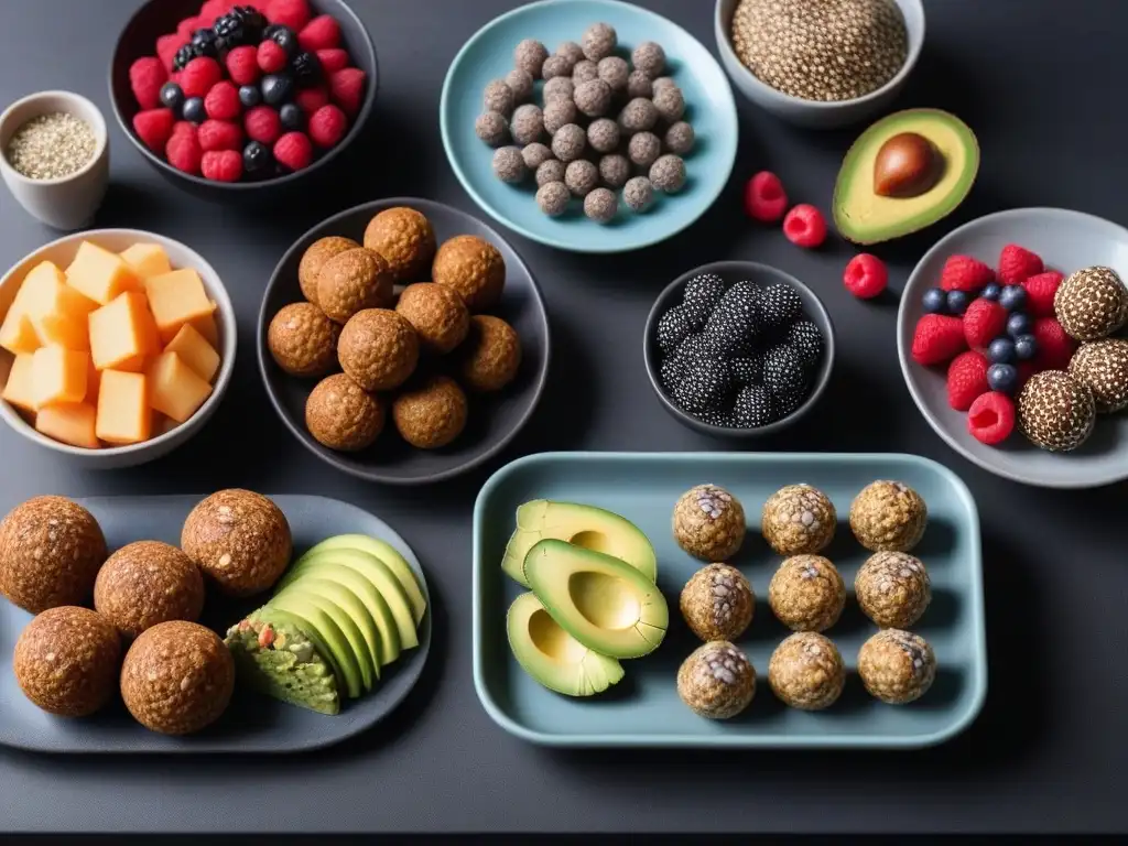 Meriendas veganas altas en proteína: variedad colorida y apetitosa en una cocina moderna y elegante