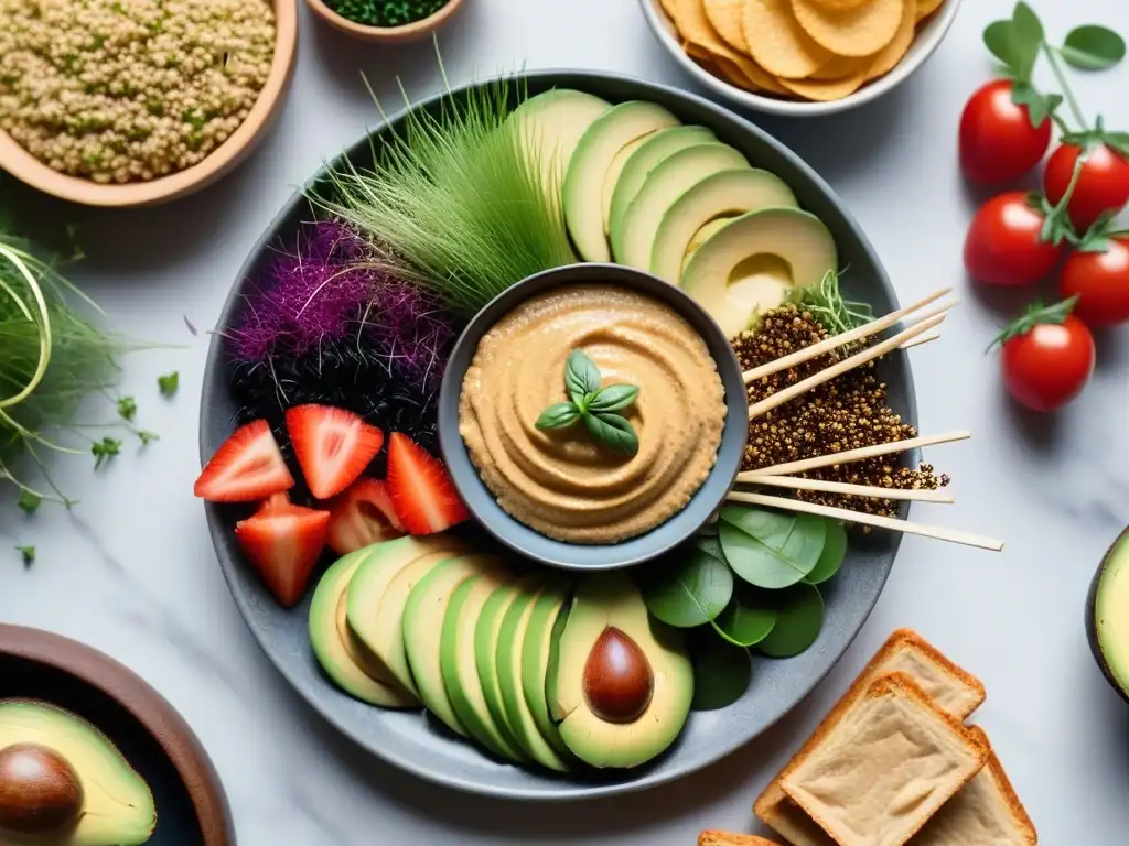 Meriendas veganas sin gluten: Deliciosa variedad de snacks veganos coloridos y frescos sobre una elegante bandeja de mármol