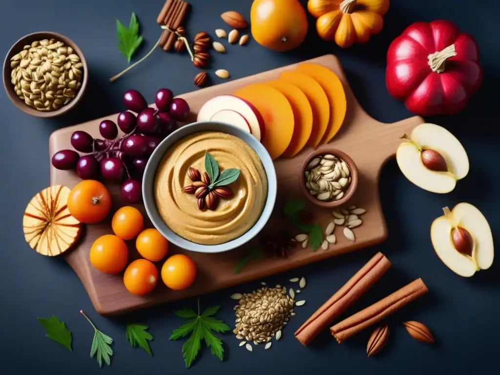 Meriendas veganas por estación: Tabla de cortar de madera con snacks otoñales coloridos y apetitosos