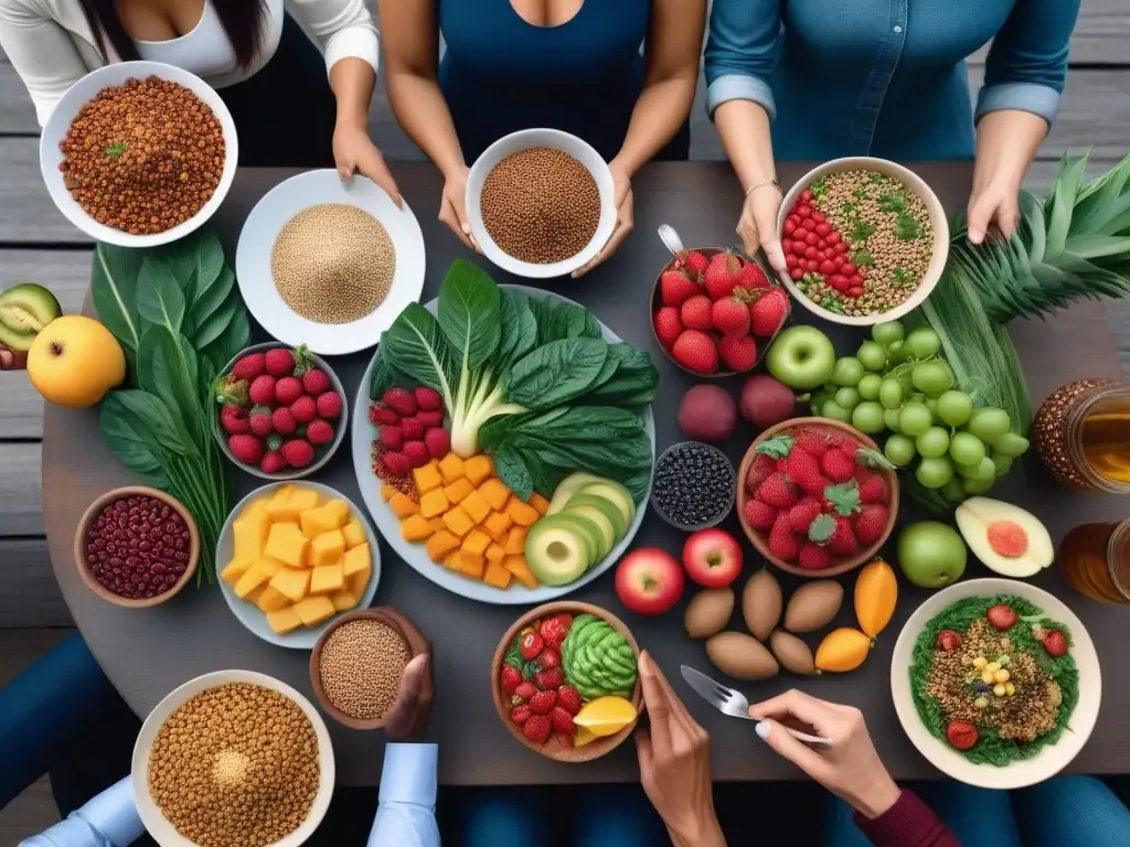 Una mesa abundante y colorida con personas disfrutando de alimentos veganos, desmintiendo mitos deficiencias dieta vegana nutricionales