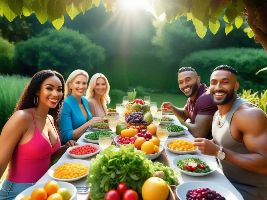 Una mesa al aire libre llena de gente diversa disfrutando de una variedad de alimentos veganos