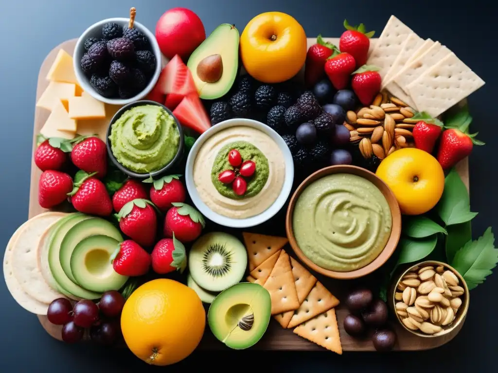 Una mesa de aperitivos veganos para fiestas, colorida y apetitosa, con frutas, vegetales, frutos secos, hummus, guacamole, quesos y galletas