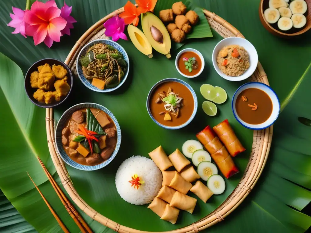 Una mesa de banano con una variada y colorida cocina vegana filipina recetas, rodeada de exuberante vegetación y flores tropicales