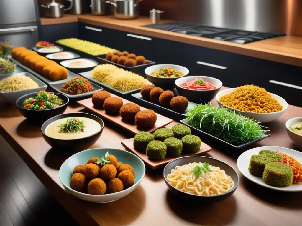 Una mesa de banquetes veganos con platos internacionales coloridos y detallados, en un escenario de cocina moderna