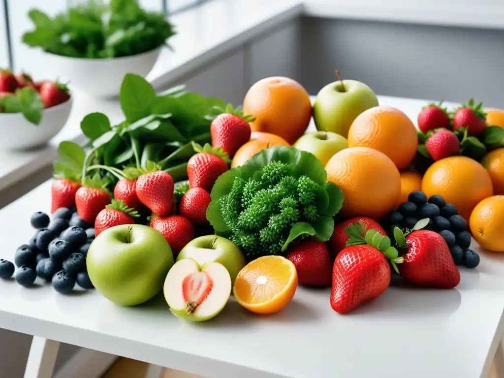 Una mesa blanca con frutas y verduras frescas y coloridas, simbolizando la vitalidad de una dieta vegana para recuperación postoperatoria