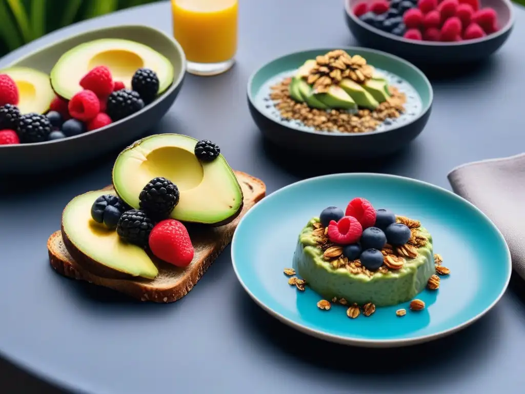 Una mesa de brunch vegano con recetas saludables, rodeada de vegetación exuberante y platos coloridos y apetitosos