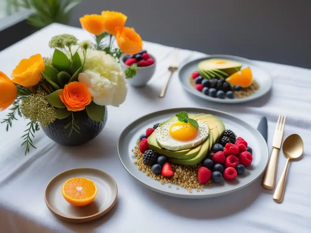 Mesa de brunch vegano con recetas saludables y coloridas, decoración elegante y moderna