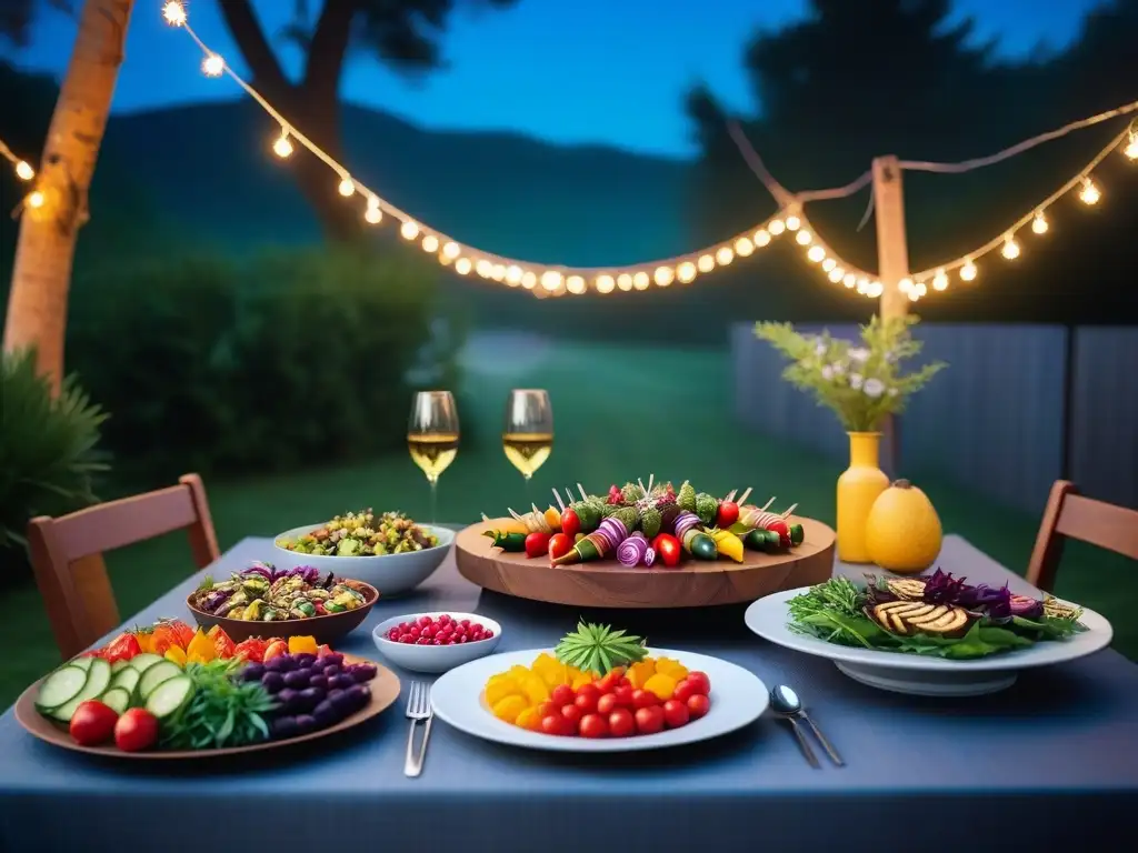 Mesa de cena al aire libre con recetas veganas bajo estrellas, creando una atmósfera mágica de verano