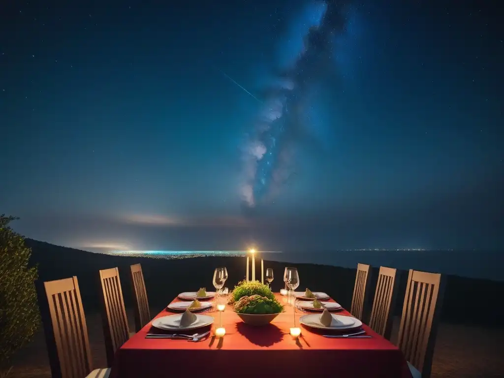 Una mesa de cena al aire libre, con platos veganos bajo un cielo estrellado