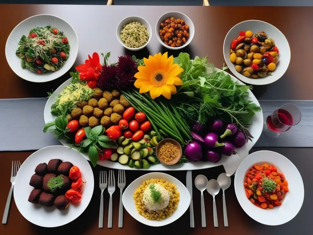 Una mesa de cena elegantemente decorada con una variedad de platos veganos frescos