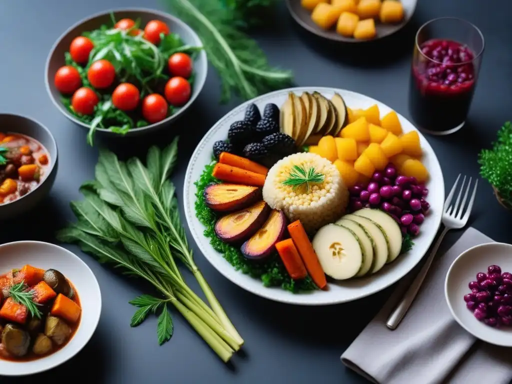 Una mesa de cena bellamente decorada con una variedad de platos veganos coloridos y apetitosos, rodeada de vegetación exuberante