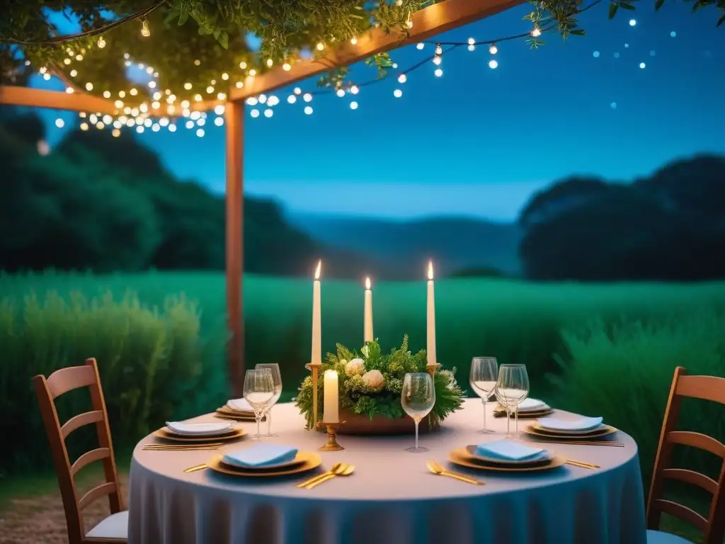 Una mesa de cena vegana al aire libre bajo un cielo estrellado, decorada con elegancia entre vegetación y luces de hadas, ideal para noches de verano