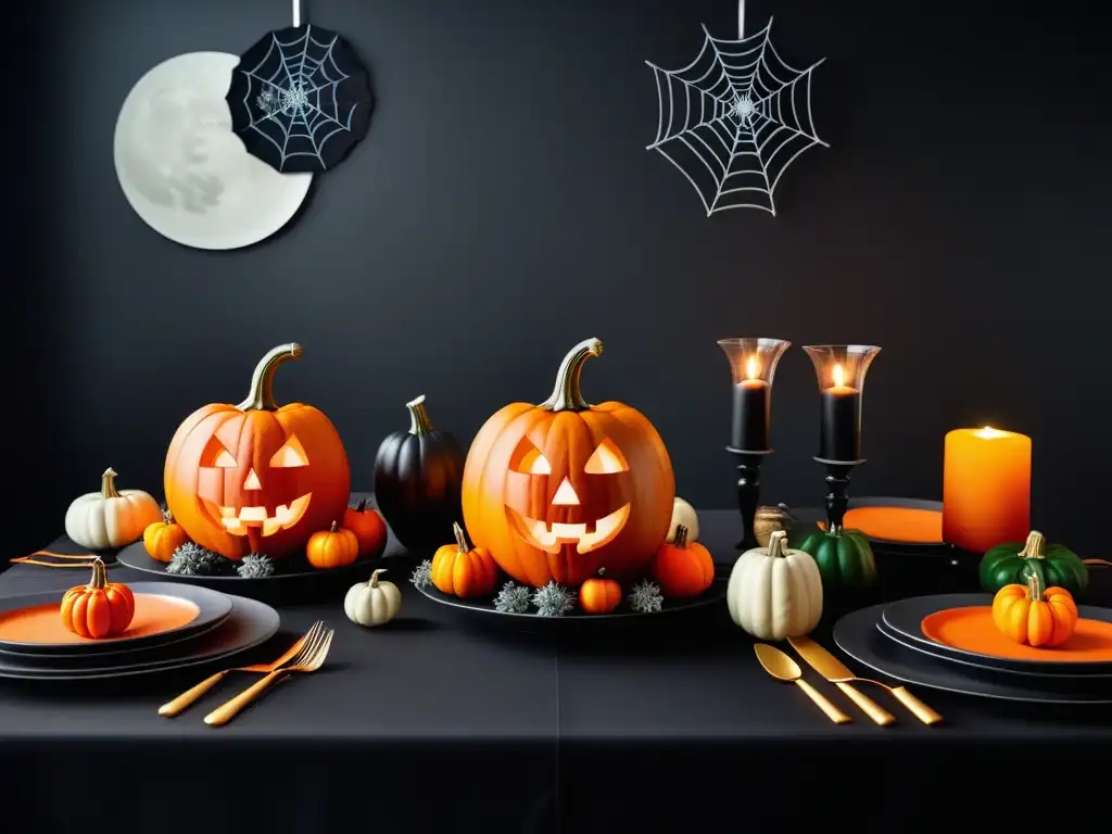 Una mesa de cena vegana de Halloween con ambiente misterioso e invitador, decoración creativa y platos vegetales