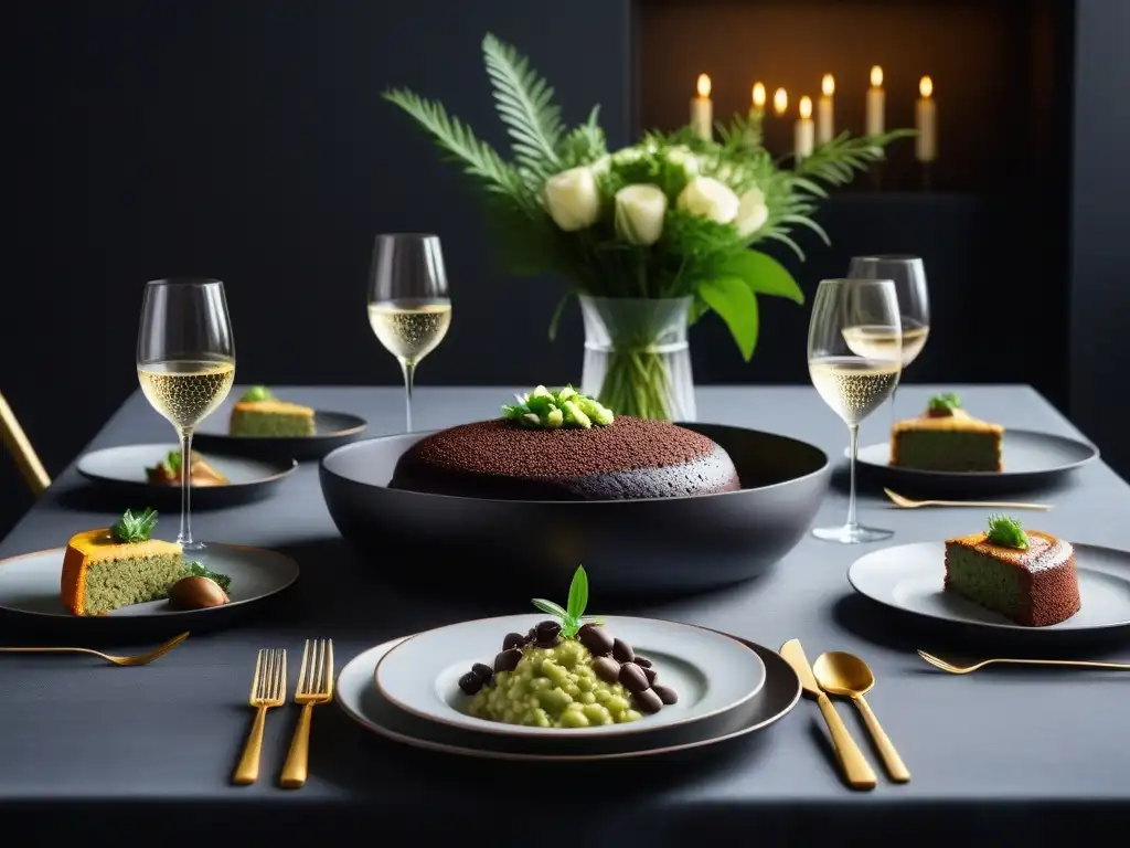 Una mesa de cena vegana de lujo con exquisitos platillos y elegante decoración