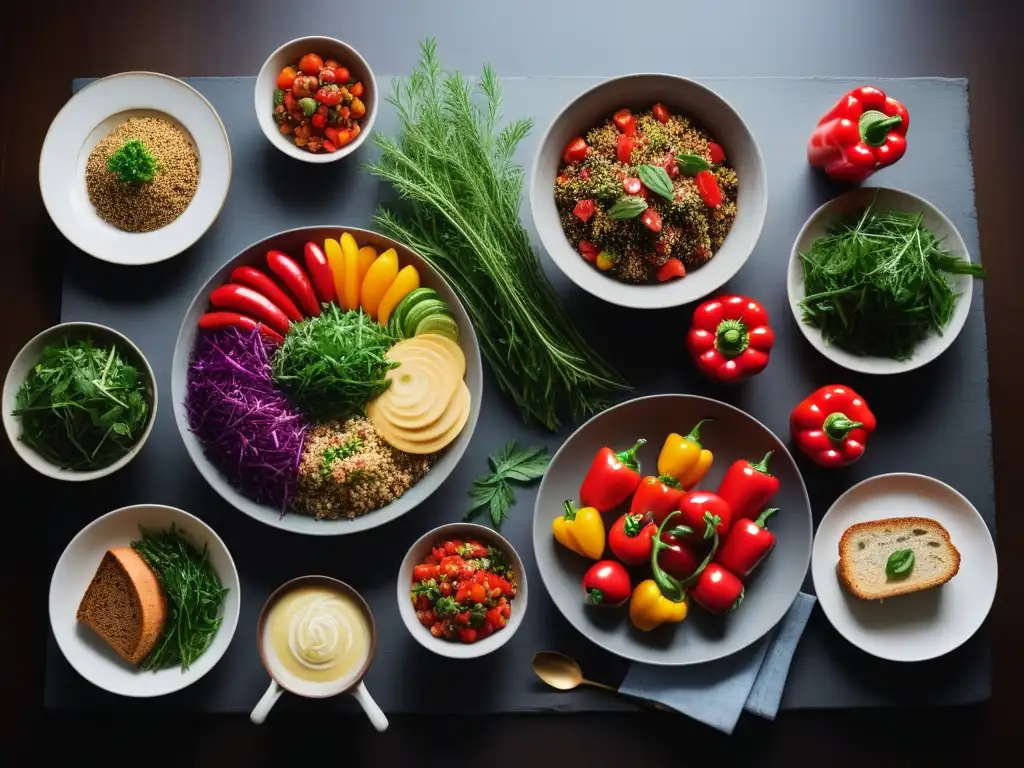 Una mesa de cena vegana sostenible con recetas coloridas y apetitosas, rodeada de vegetación