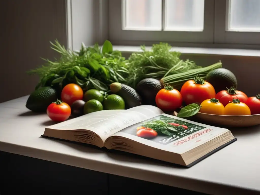 Una mesa de cocina rústica bañada por luz natural, repleta de verduras frescas y revistas digitales cocina vegana real